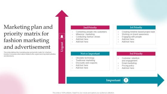 Marketing Plan And Priority Matrix For Fashion Marketing And Advertisement Themes PDF