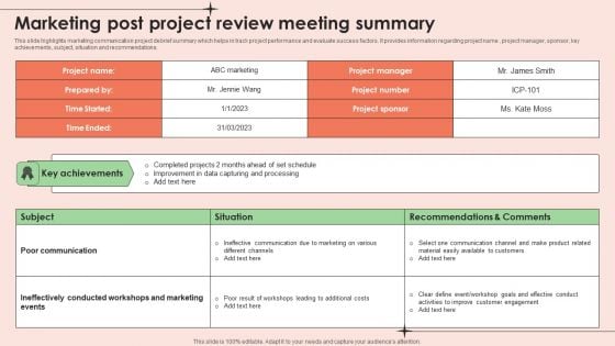 Marketing Post Project Review Meeting Summary Formats PDF