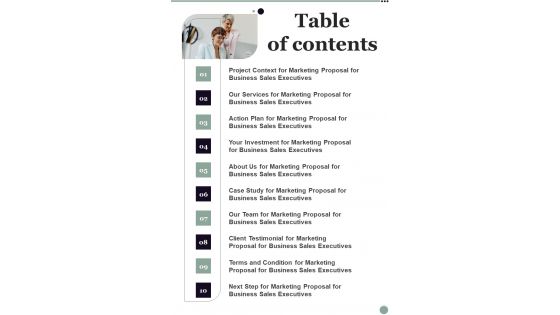 Marketing Proposal For Business Sales Executives Table Of Contents One Pager Sample Example Document Marketing Proposal For Business Sales Executives Table Of Contents One Pager Sample Example Document