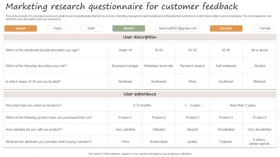 Marketing Research Questionnaire For Customer Feedback Guidelines PDF