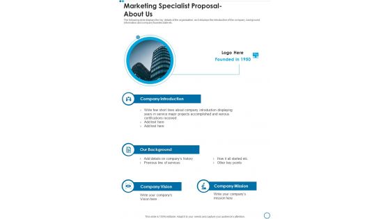 Marketing Specialist Proposal About Us One Pager Sample Example Document