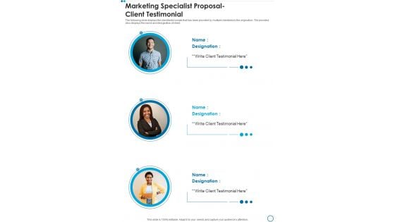 Marketing Specialist Proposal Client Testimonial One Pager Sample Example Document