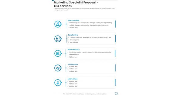 Marketing Specialist Proposal Our Services One Pager Sample Example Document