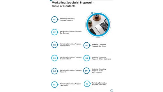 Marketing Specialist Proposal Table Of Contents One Pager Sample Example Document