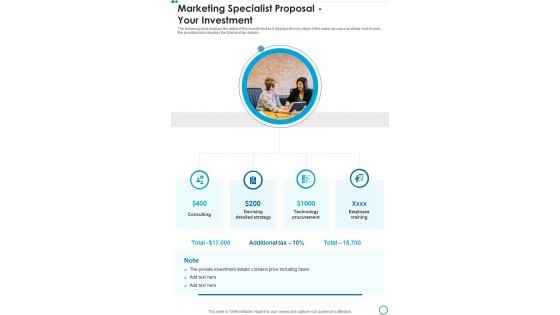 Marketing Specialist Proposal Your Investment One Pager Sample Example Document