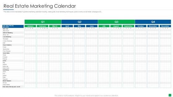 Marketing Strategy For Real Estate Property Real Estate Marketing Calendar Diagrams PDF