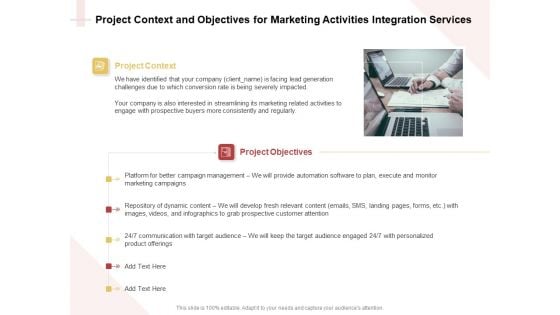 Marketing Strategy Project Context And Objectives For Marketing Activities Integration Services Summary PDF