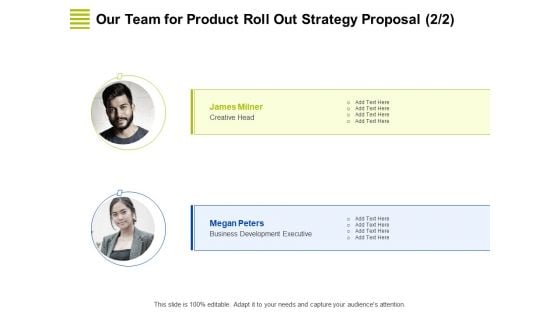 Marketing Strategy Proposal For Product Launch Our Team For Product Roll Out Strategy Proposal Business Themes PDF