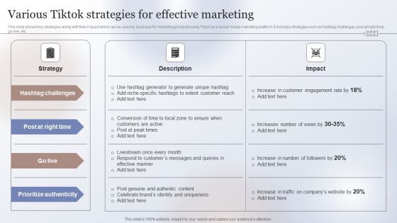 Marketing Strategy To Enhance Various Tiktok Strategies For Effective Marketing Structure PDF