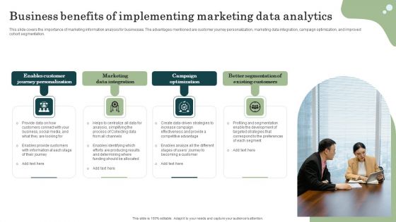 Marketing Success Metrics Business Benefits Of Implementing Marketing Data Template PDF