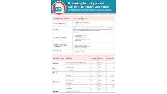 Marketing Technique And Action Plan Report One Pager PDF Document PPT Template