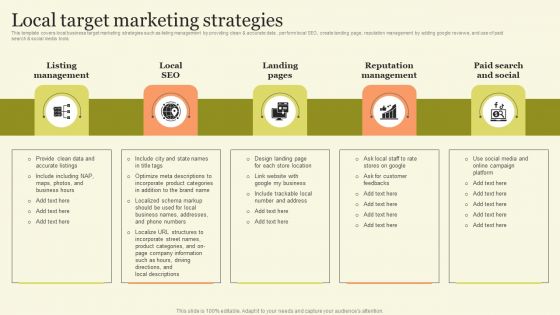 Marketing Techniques For Increasing Target Audience Local Target Marketing Strategies Template PDF