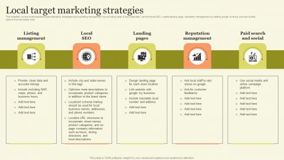 Marketing Techniques For Increasing Target Audience Local Target Marketing Strategies Template PDF