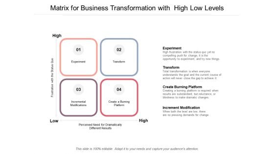 Matrix For Business Transformation With High Low Levels Ppt PowerPoint Presentation Layouts Background Images