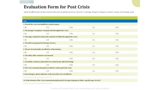 Means Of Communication During Disaster Management Evaluation Form For Post Crisis Ppt Infographics Themes PDF