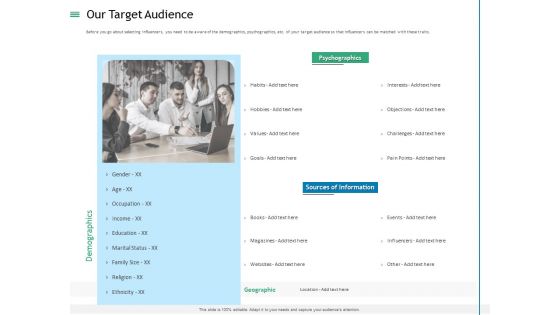 Measuring Influencer Marketing ROI Our Target Audience Ppt Portfolio Maker PDF