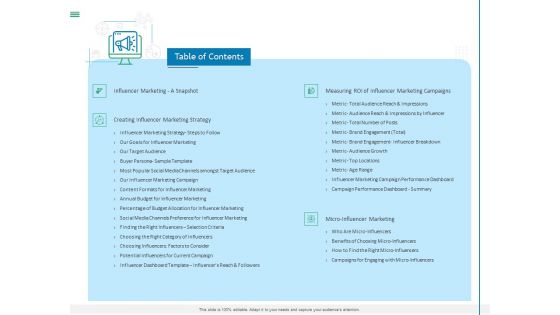 Measuring Influencer Marketing ROI Table Of Contents Ppt Visual Aids Ideas PDF