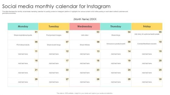 Media Advertising Social Media Monthly Calendar For Instagram Structure PDF