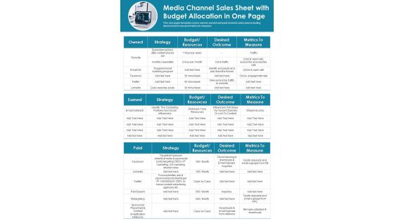 Media Channel Sales Sheet With Budget Allocation In One Page PDF Document PPT Template