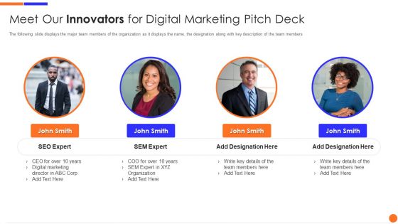 Meet Our Innovators For Digital Marketing Pitch Deck Portrait PDF