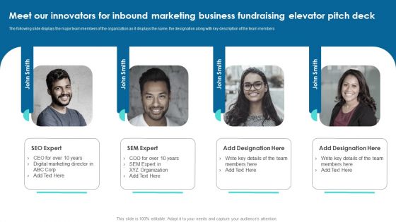 Meet Our Innovators For Inbound Marketing Business Fundraising Elevator Pitch Deck Download PDF