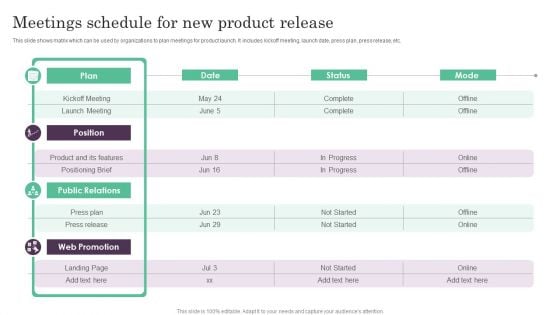 Meetings Schedule For New Product Release Ppt PowerPoint Presentation Show Slideshow PDF Meetings Schedule For New Product Release Ppt PowerPoint Presentation Show Slideshow PDF
