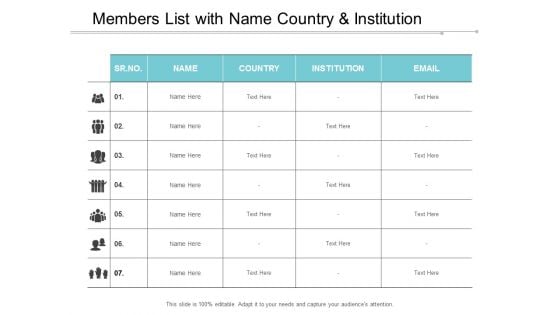 Members List With Name Country And Institution Ppt Powerpoint Presentation Layouts Maker