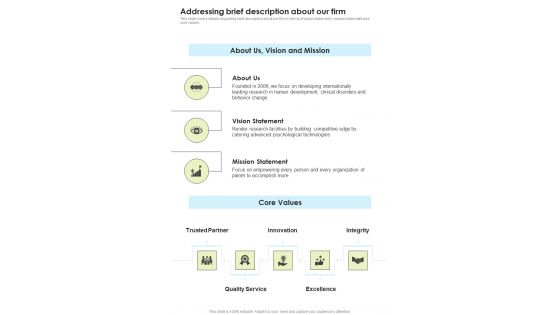 Mental Behavior Evaluation Addressing Brief Description About Our Firm One Pager Sample Example Document Mental Behavior Evaluation Addressing Brief Description About Our Firm One Pager Sample Example Document