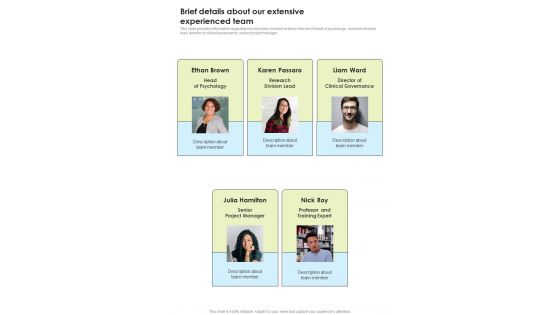 Mental Behavior Evaluation Brief Details About Our Extensive Experienced Team One Pager Sample Example Document Mental Behavior Evaluation Brief Details About Our Extensive Experienced Team One Pager Sample Example Document