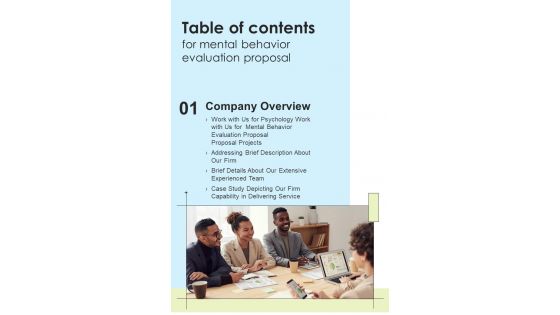 Mental Behavior Evaluation Proposal Table Of Contents One Pager Sample Example Document Mental Behavior Evaluation Proposal Table Of Contents One Pager Sample Example Document
