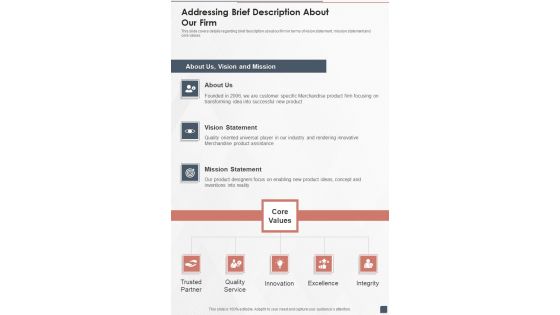 Merchandise Product Development Funding Addressing Brief Description About Our Firm One Pager Sample Example Document Merchandise Product Development Funding Addressing Brief Description About Our Firm One Pager Sample Example Document