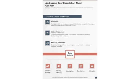 Merchandise Product Development Funding Addressing Brief Description About Our Firm One Pager Sample Example Document