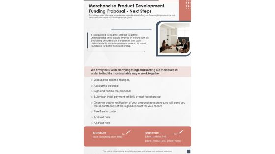 Merchandise Product Development Funding Proposal Next Steps One Pager Sample Example Document