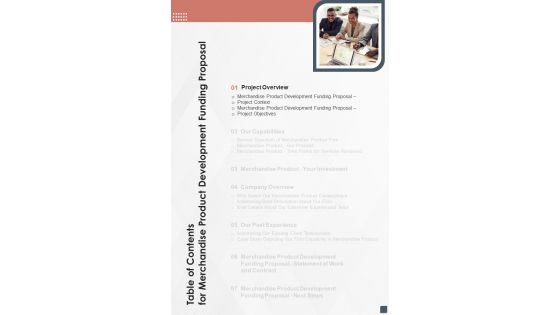 Merchandise Product Development Funding Proposal Table Of Contents One Pager Sample Example Document Merchandise Product Development Funding Proposal Table Of Contents One Pager Sample Example Document
