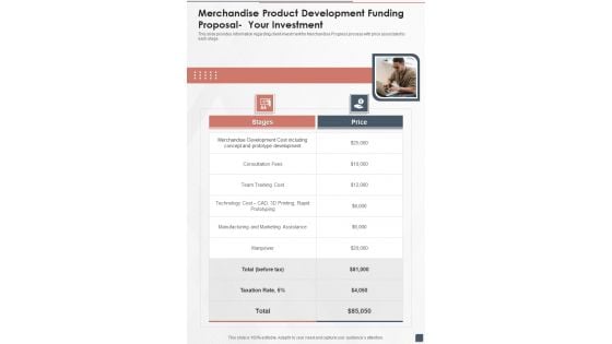Merchandise Product Development Funding Proposal Your Investment One Pager Sample Example Document Merchandise Product Development Funding Proposal Your Investment One Pager Sample Example Document