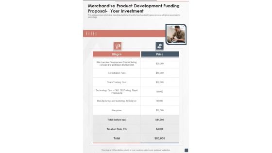 Merchandise Product Development Funding Proposal Your Investment One Pager Sample Example Document