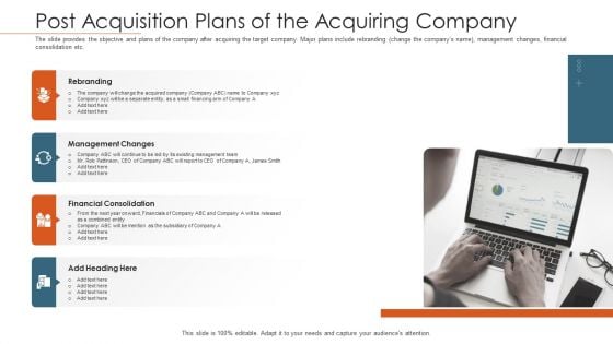 Merger Agreement Pitch Deck Post Acquisition Plans Of The Acquiring Company Graphics PDF