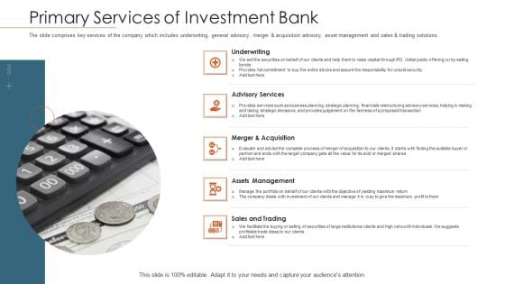 Merger Agreement Pitch Deck Primary Services Of Investment Bank Topics PDF