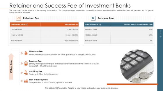 Merger Agreement Pitch Deck Retainer And Success Fee Of Investment Banks Download PDF