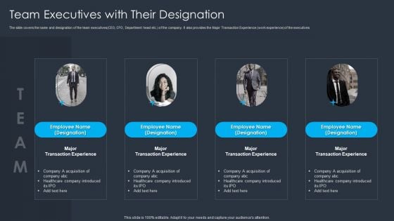 Merger And Acquisition Buying Strategy For Business Growth Team Executives With Their Designation Elements PDF