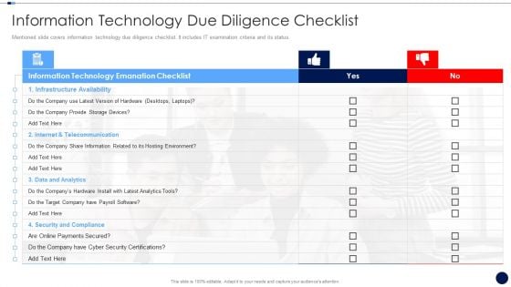 Merger And Acquisition Due Diligence Checklist Information Technology Infographics PDF