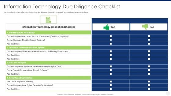 Merger And Acquisition Due Diligence Information Technology Due Diligence Checklist Structure PDF