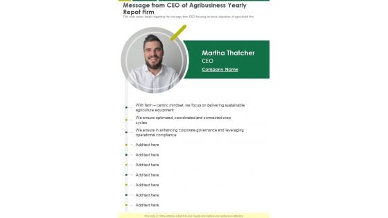 Message From CEO Of Agribusiness Yearly Repot Firm One Pager Documents