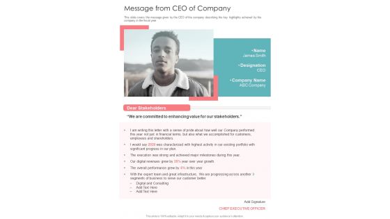 Message From CEO Of Company One Pager Documents