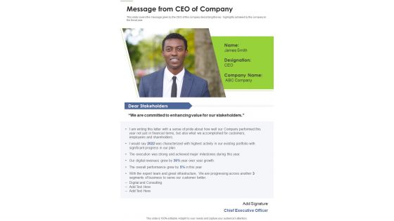 Message From CEO Of Company Template 325 One Pager Documents Message From CEO Of Company Template 325 One Pager Documents