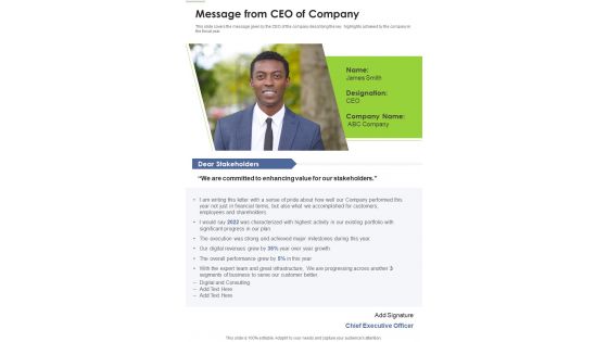 Message From CEO Of Company Template 325 One Pager Documents