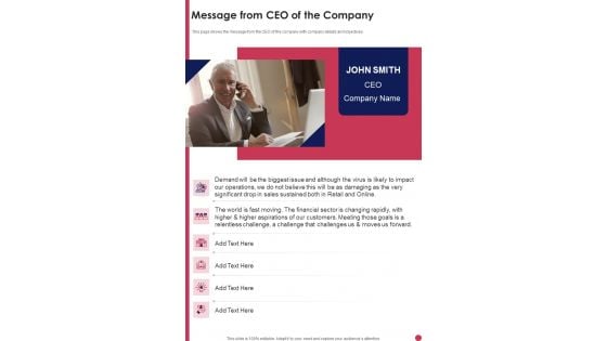 Message From CEO Of The Company Template 285 One Pager Documents