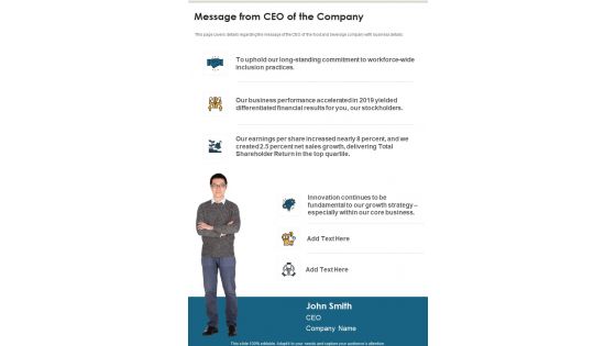 Message From CEO Of The Company Template 330 One Pager Documents