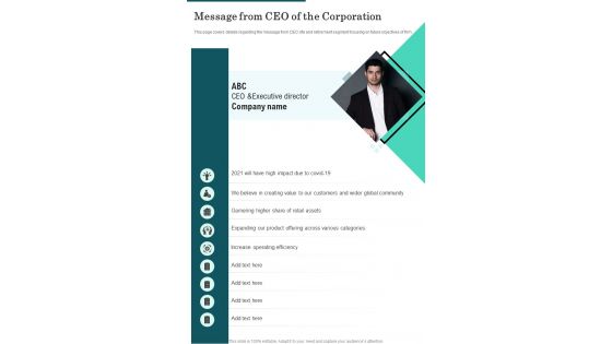 Message From CEO Of The Corporation One Pager Documents