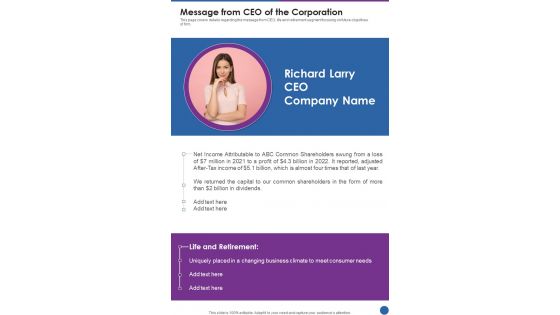 Message From CEO Of The Corporation Template 127 One Pager Documents